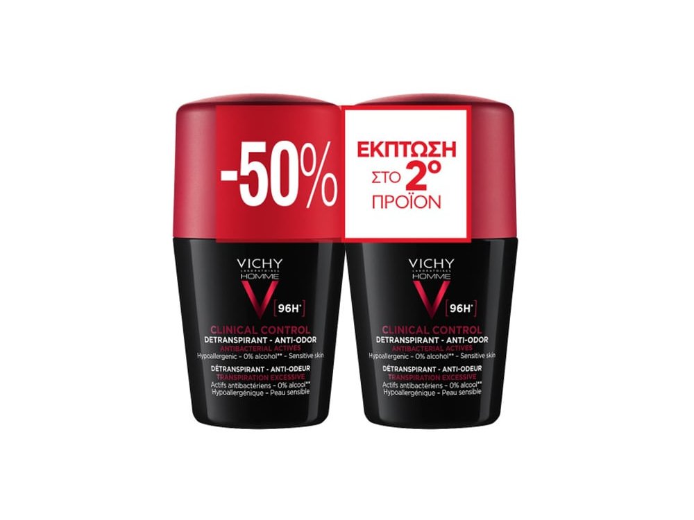 Vichy Homme Clinical Control 96h Roll-on, Ανδρικό Αποσμητικό για Ευαίσθητες Επιδερμίδες Promo -50% στο 2ο Προϊόν, 2x50ml
