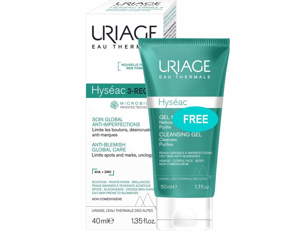 Uriage Promo Hyseac 3-Regul Anti-Blemish Global Care, Κρέμα Προσώπου κατά Ατελειών, 40ml & Δώρο Cleansing Gel Καθαρισμού για την Μεικτή-Λιπαρή Επιδερμίδα με Τάση Ακμής, 50ml
