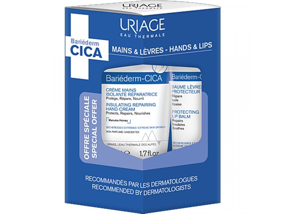 Uriage Promo Bariederm Cica Hands Αναπλαστική Κρέμα Χεριών, 50ml & Δώρο Bariederm Cica Lips Επανορθωτικό Βάλσαμο Χειλιών, 15ml, 1σετ