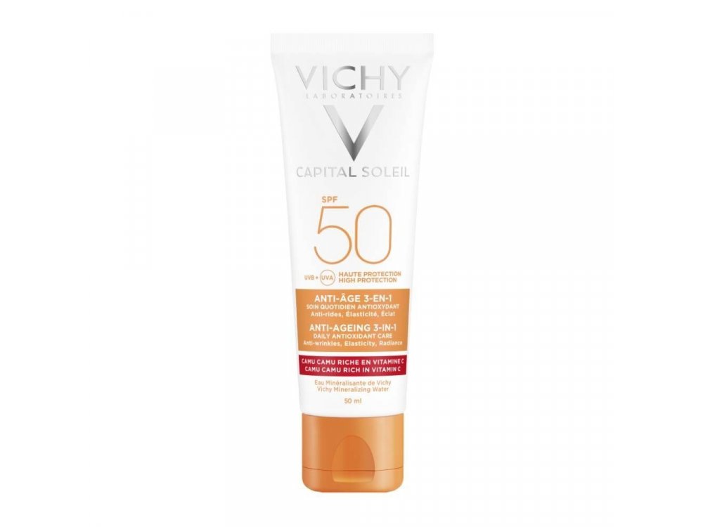 Vichy Capital Soleil Anti-Ageing 3 in 1 SPF50, Αντηλιακή Κρέμα Προσώπου με Αντιγηραντική Δράση, 50ml