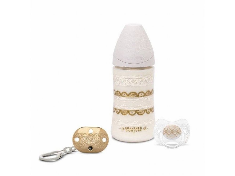 Suavinex Couture Set Με Πλαστικό Μπιμπερό Με Θηλή Σιλικόνης Ρυθμιζόμενης Ροής 270ml & Physio Πιπίλα Σιλικόνης & Αλυσίδα Πιπίλας 0-4m