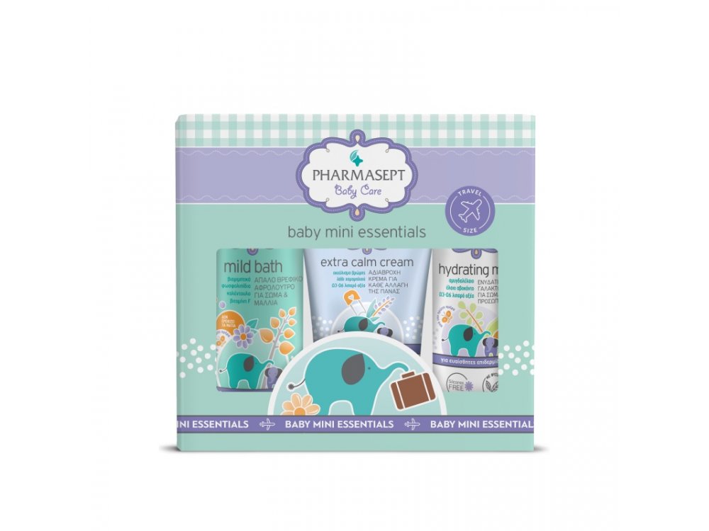 Pharmasept Baby Care Mini Essentials Σετ Περιποίησης Βρέφους με Baby Care Mild Bath Απαλό Βρεφικό Αφρόλουτρο για Σώμα & Μαλλιά, 100ml, Extra Calm Cream Αδιάβροχη Κρέμα Αλλαγής Πάνας, 40ml & Hydrating Milk Ενυδατικό Γαλάκτωμα για Σώμα & Πρόσωπο, 40ml, 1σετ