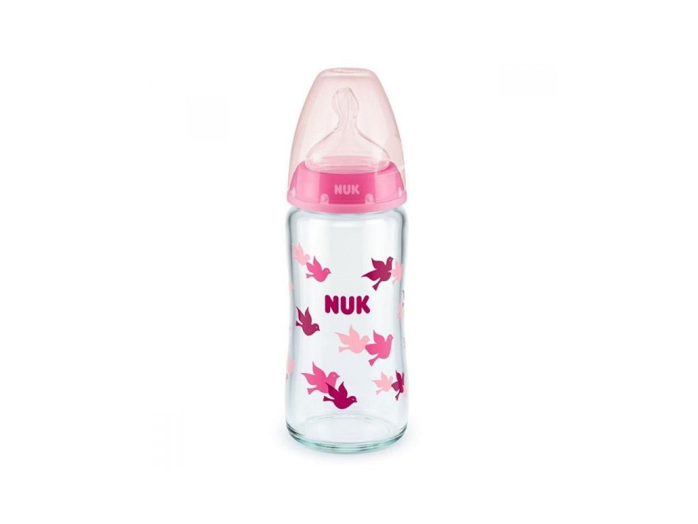 Nuk First Choice, Γυάλινο Μπιμπερό με Δείκτη θερμοκρασίας Ελέγχου για 0-6m+ με Θηλή Σιλικόνης, 240ml