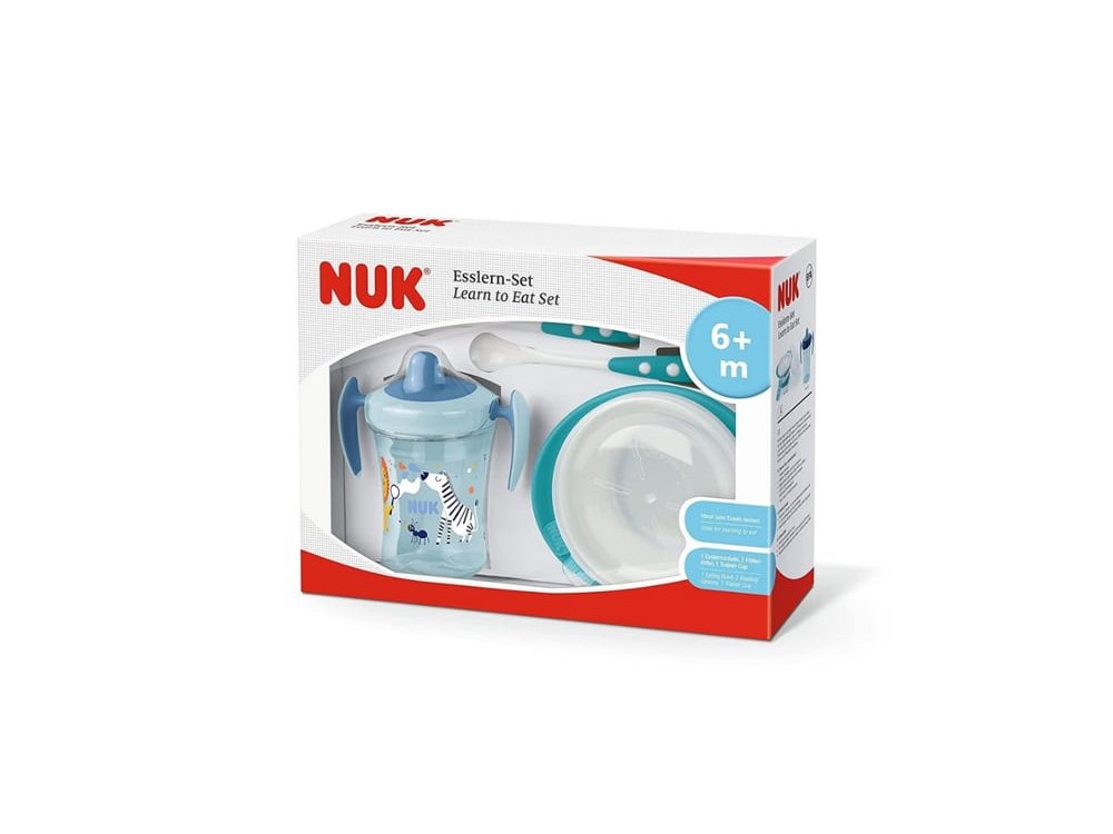 Nuk Εκπαιδευτικό Σετ Φαγητού Μπλέ 6m+ με Εκπαιδευτικό Κυπελλάκι, 1τεμ, Μπολ Φαγητού, 1τεμ & Κουτάλια Σιλικόνης, 2τεμ, 1σετ