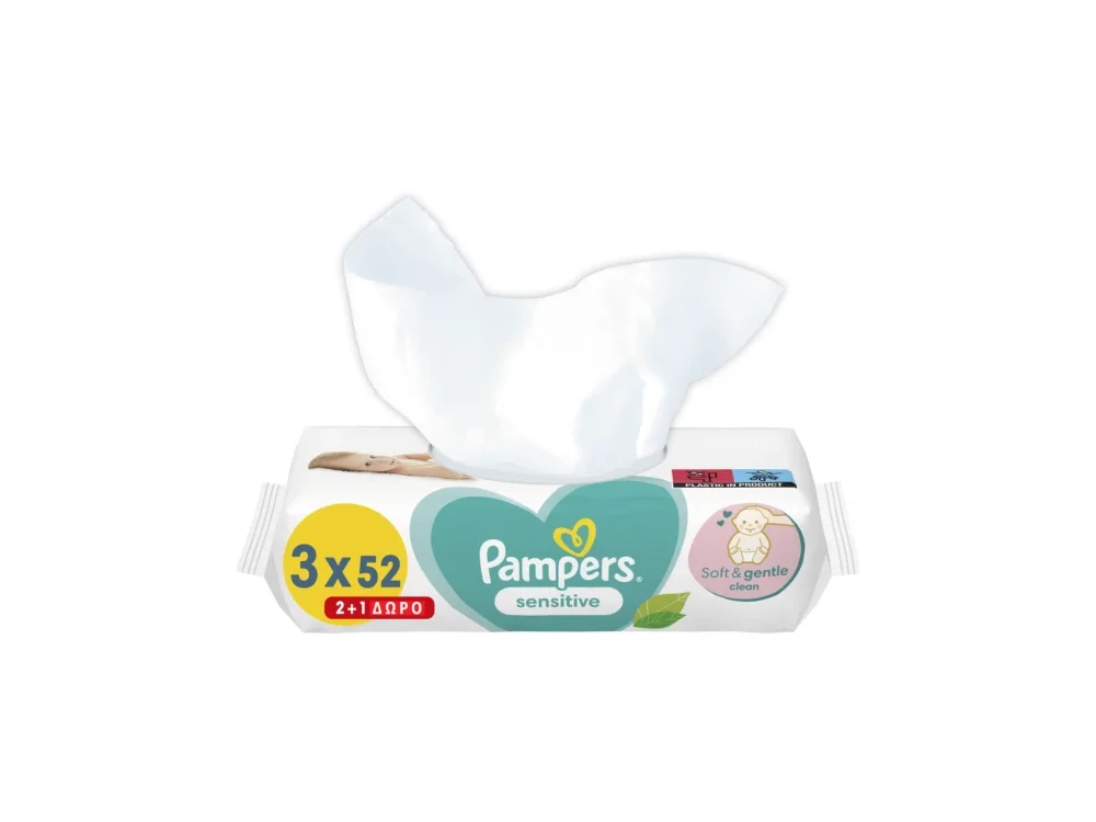 Pampers Sensitive Baby Wipes Promo (2+1), Μωρομάντηλα 3x52τμχ, 1σετ