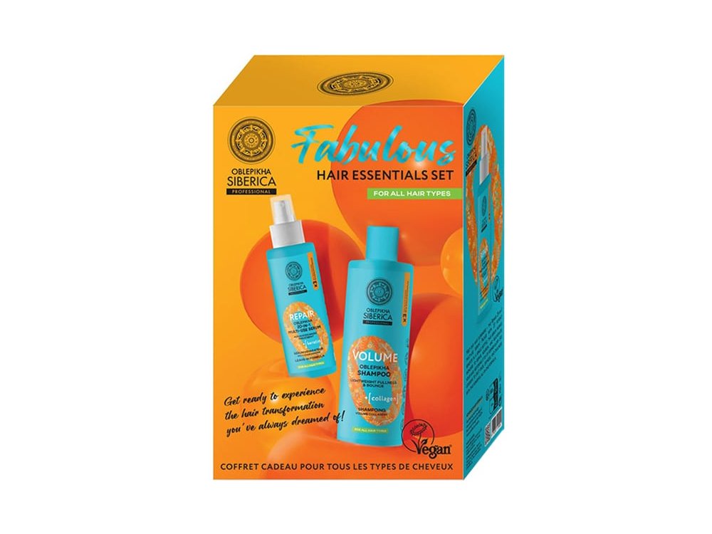 Natura Siberica Oblepikha Fabulous Hair Essentials Set με Repair 20-in-1 Multi-Use Serum Ορός Μαλλιών για Αναδόμηση, 200ml & Volume Shampoo Σαμπουάν Μαλλιών για Όγκο, 400ml, 1σετ
