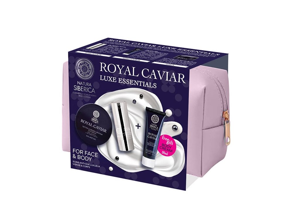 Natura Siberica Promo Royal Caviar Luxe Essentials Icy Firming Eye Cream, 15ml, Lifting & Firming Peptide Eye Patches, 60pcs, Free Anti-Age Transforming Body Cream, 30ml & Free Toiletry Bag, 1pc, 1set