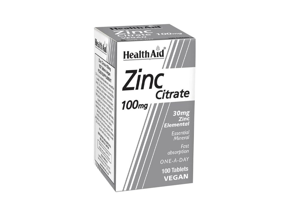 Health Aid Zinc Citrate 100mg, Συμπλήρωμα διατροφής με κιτρικό ψευδάργυρο, 100veg.tabs
