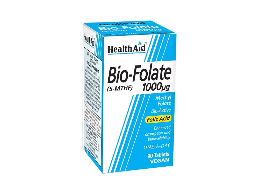 Health Aid Bio-Folate 1000mg,, Βιοενεργή Μορφή Φολικού Οξέος για Ενέργεια Εγκυμοσύνη & τον Μεταβολισμό, 90tabs