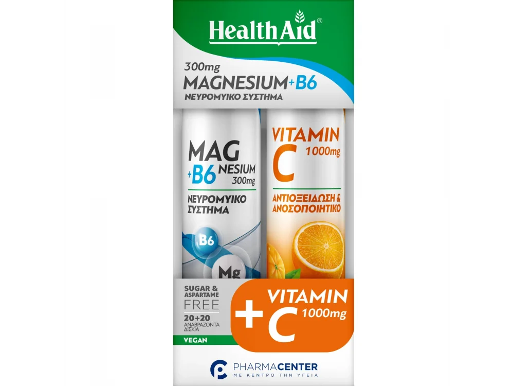 Health Aid Promo Pack Magnesium + B6, 20tabs & Vitamin C 1000mg, 20tabs, 1σετ