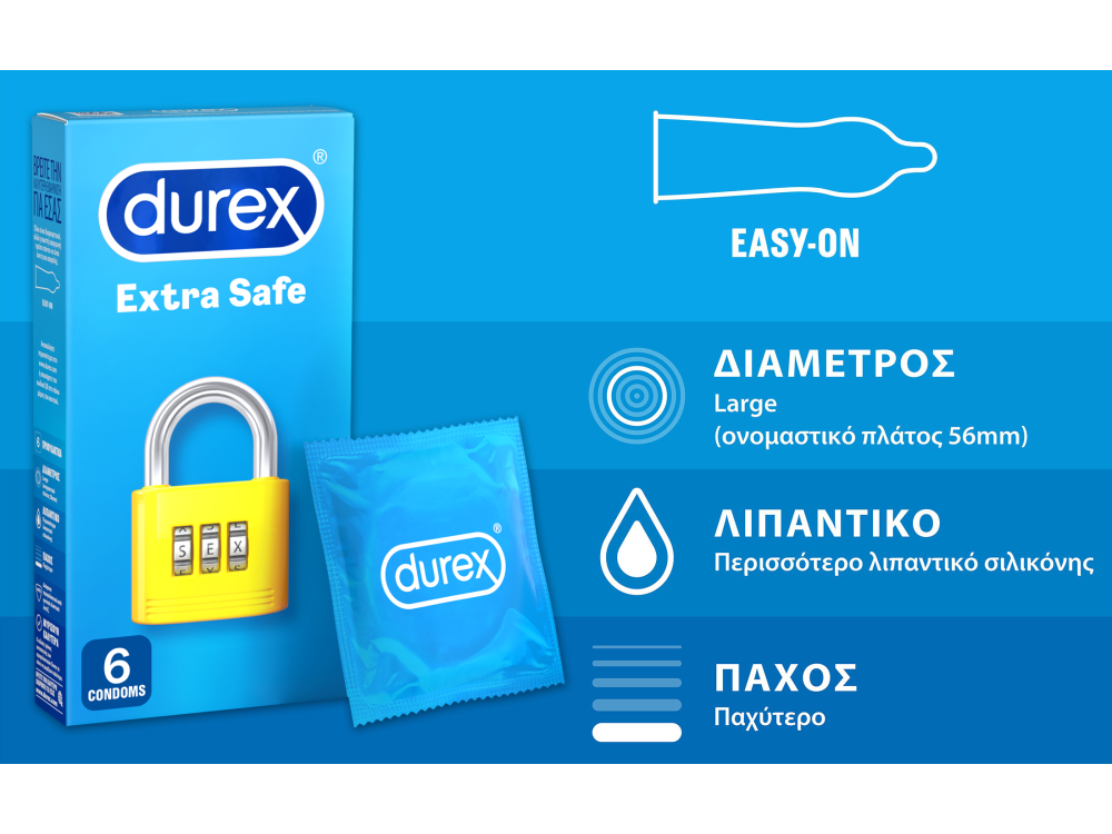 Durex Extra Safe, Προφυλακτικά με Ελαφρώς Παχύτερα Τοιχώματα για Απόλυτη Ασφάλεια, 6τμχ