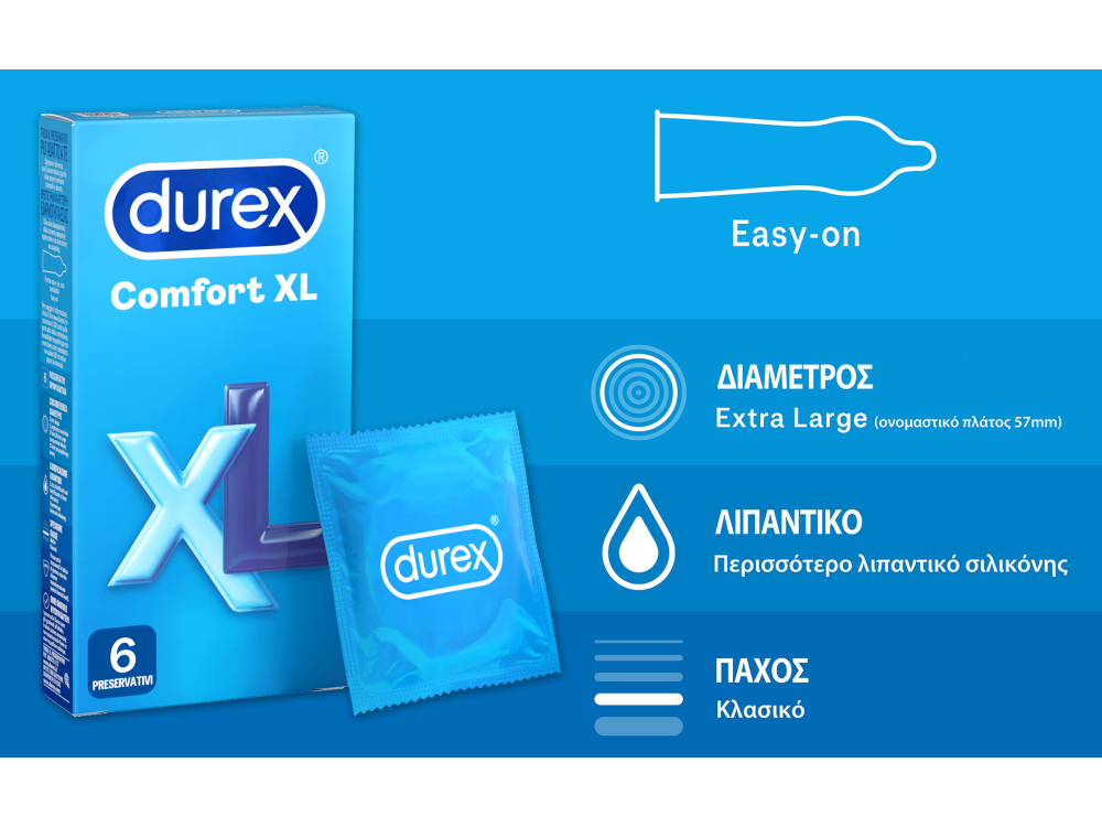 Durex Comfort XL, Προφυλακτικά Μεγαλύτερου Μεγέθους από τα Κανονικά Προφυλακτικά, 6τμχ