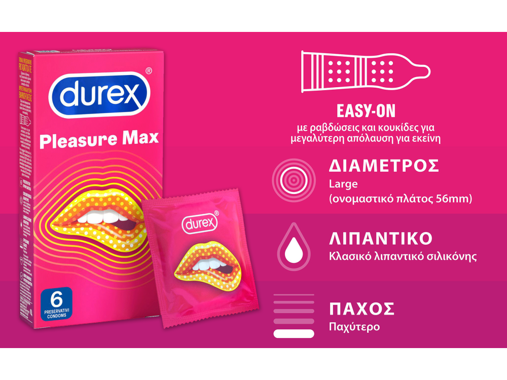 Durex Pleasuremax, Προφυλακτικά Με Κουκίδες & Ραβδώσεις, 6τμχ