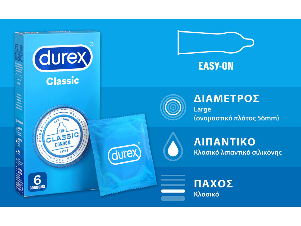 Durex Classic The Beloved Original, Προφυλακτικά με Ήπια Λίπανση, 6τμχ