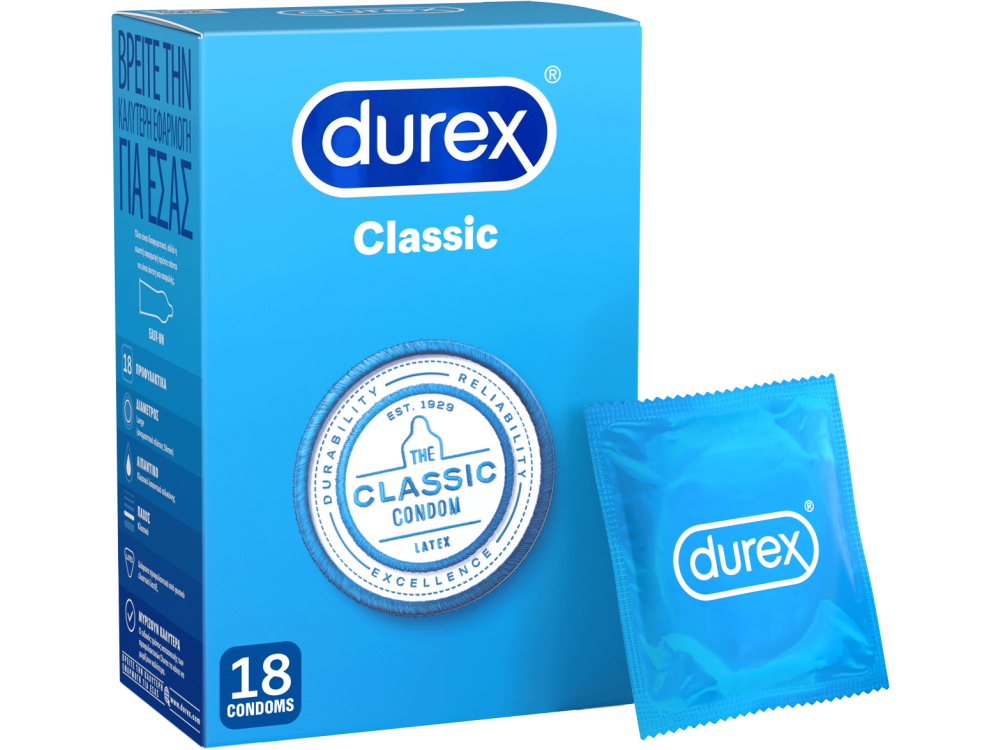 Durex Classic, Προφυλακτικά Ευκολοφόρετα με Ήπια Λίπανση, 18τμχ