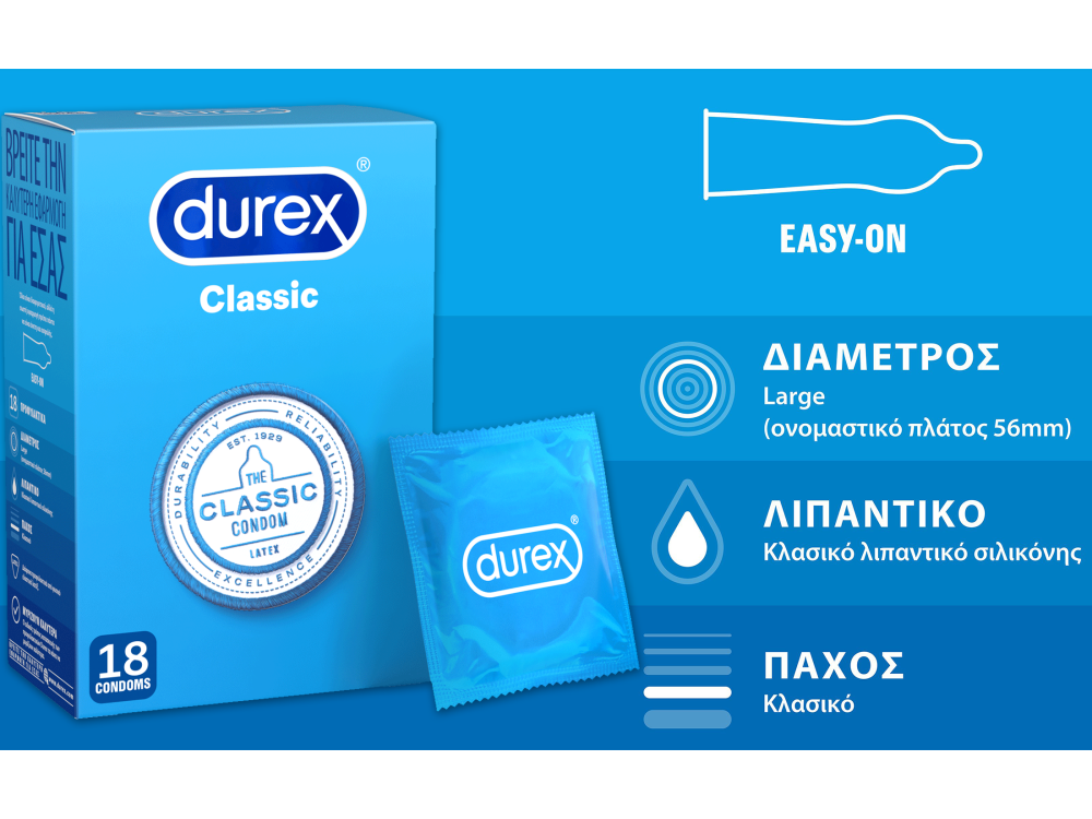 Durex Classic, Προφυλακτικά Ευκολοφόρετα με Ήπια Λίπανση, 18τμχ