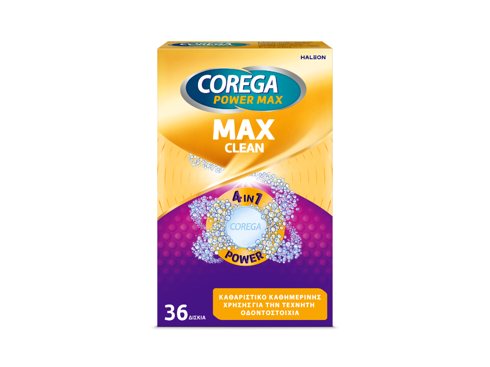 Corega Power Max Clean 4in7 Καθαριστικά Δισκία για Τεχνητές Οδοντοστοιχίες με Περισσότερο Ενεργό Οξυγόνο, 36tabs