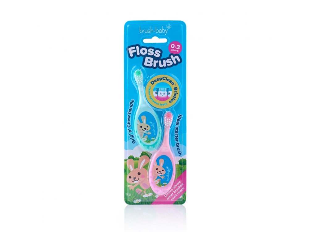 Brush-Baby FlossBrush, Οδοντόβουρτσα και μασητικό 2 σε 1 για 0-3 ετών  Ροζ/Τιρκουάζ, 2τμχ