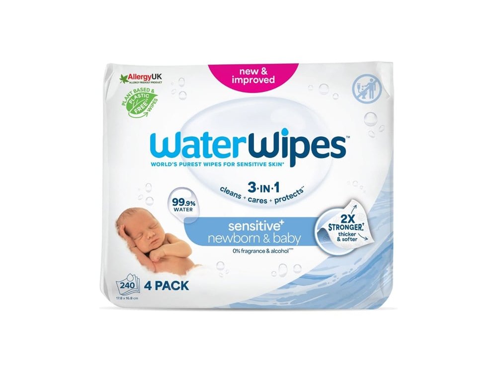 WaterWipes Sensitive+ Πακέτο Προσφοράς 100% Plastic-free Άοσμα Μωρομάντηλα με 99,9% Νερό, 240τμχ (4x60τεμ)