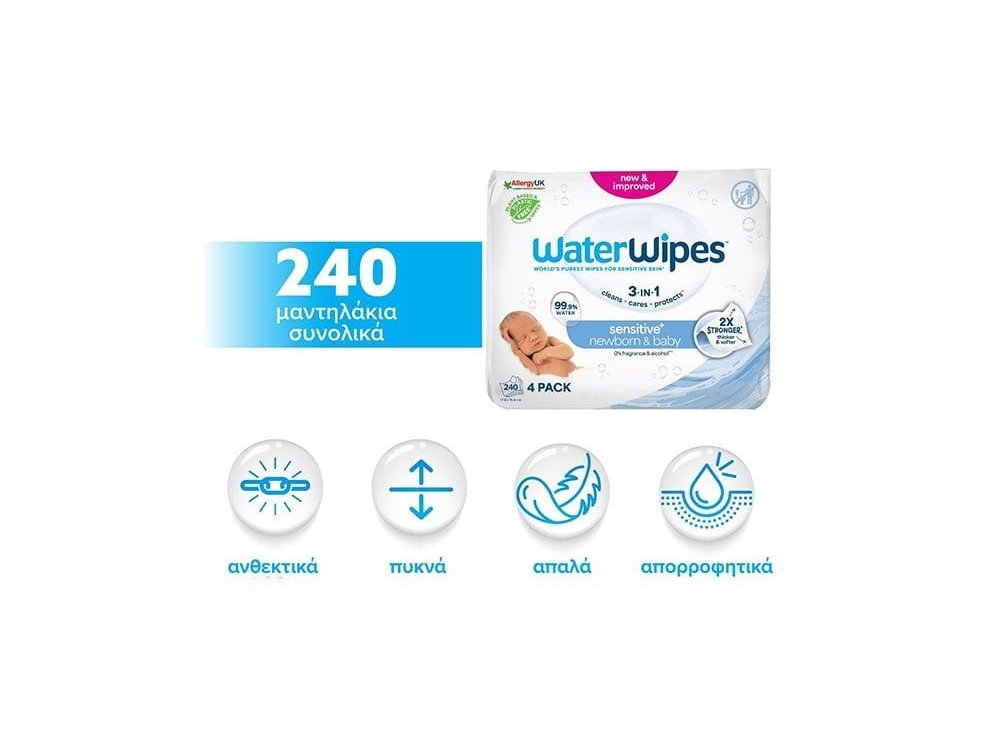 WaterWipes Sensitive+ Πακέτο Προσφοράς 100% Plastic-free Άοσμα Μωρομάντηλα με 99,9% Νερό, 240τμχ (4x60τεμ)