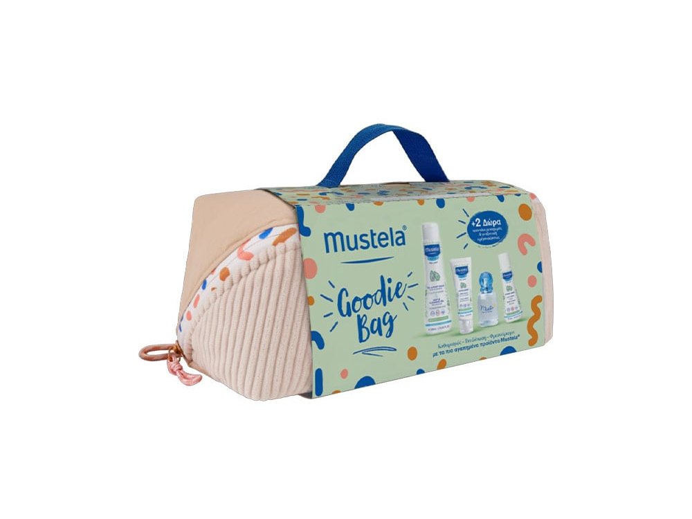 Mustela Goodie Bag με Bebe Gentle Cleansing Gel Απαλό Αφροντούς για Σώμα & Μαλλιά, 200ml, Musti Eau De Senteur Άρωμα, 50ml, Hydra Bebe Facial Cream Κρέμα Ενυδάτωσης Προσώπου, 40ml & Δώρο Hydra Bebe Body Lotion Ενυδατική Σώματος, 50ml & Νεσεσέρ, 1τεμ, 1σετ