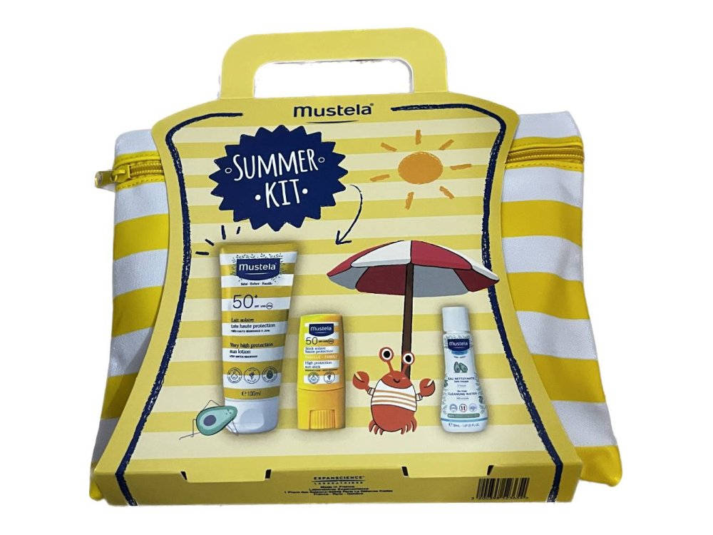 Mustela Summer Kit 2023 Sun Lotion SPF50+ 100ml & Sun Stick SPF50+ 9gr & Δώρο pocket size No rinse cleansing water 50ml + Τσαντάκι για την θάλασσα