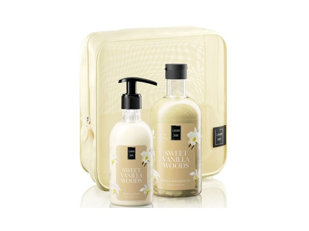 Lavish Care Sweet Vanilla Woods Body Care Bag Gift Set Περιποίησης Σώματος με Sweet Vanilla Woods Shower Gel Αφρόλουτρο, 500ml, Body Lotion Κρέμα Σώματος, 300ml & Δώρο Νεσεσέρ, 1σετ