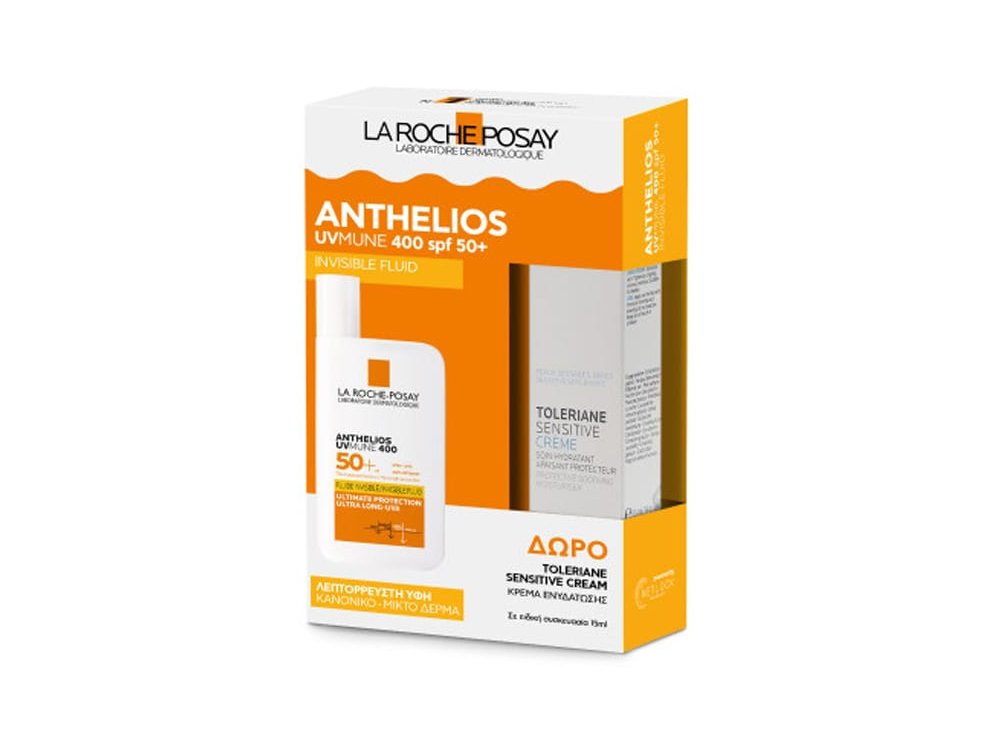 La Roche Posay Promo Anthelios UVMune 400 Invisible Fluid Αντηλιακό Προσώπου για Κανονικό & Μικτό Δέρμα SPF50+, 50ml & Δώρο Toleriane Sensitive Cream Ενυδατική Κρέμα Προσώπου για Ευαίσθητες Επιδερμίδες, 15ml, 1σετ
