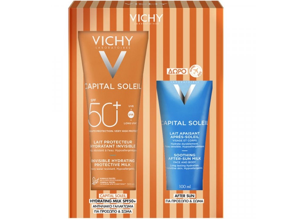 Vichy Promo Capital Soleil Ενυδατικό Αντηλιακό Γαλάκτωμα Σώματος SPF50+, 300ml & Δώρο After Sun Καταπραϋντικό Γαλάκτωμα για Πρόσωπο & Σώμα, 100ml, 1σετ
