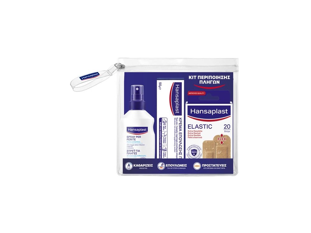 Hansaplast Triple Promo Pack Κιτ Περιποίησης Πληγών με Σπρέι για Πληγές, 100ml, Κρέμα Επούλωσης, 50gr & Ελαστικά Επιθέματα, 20τμχ, 1σετ