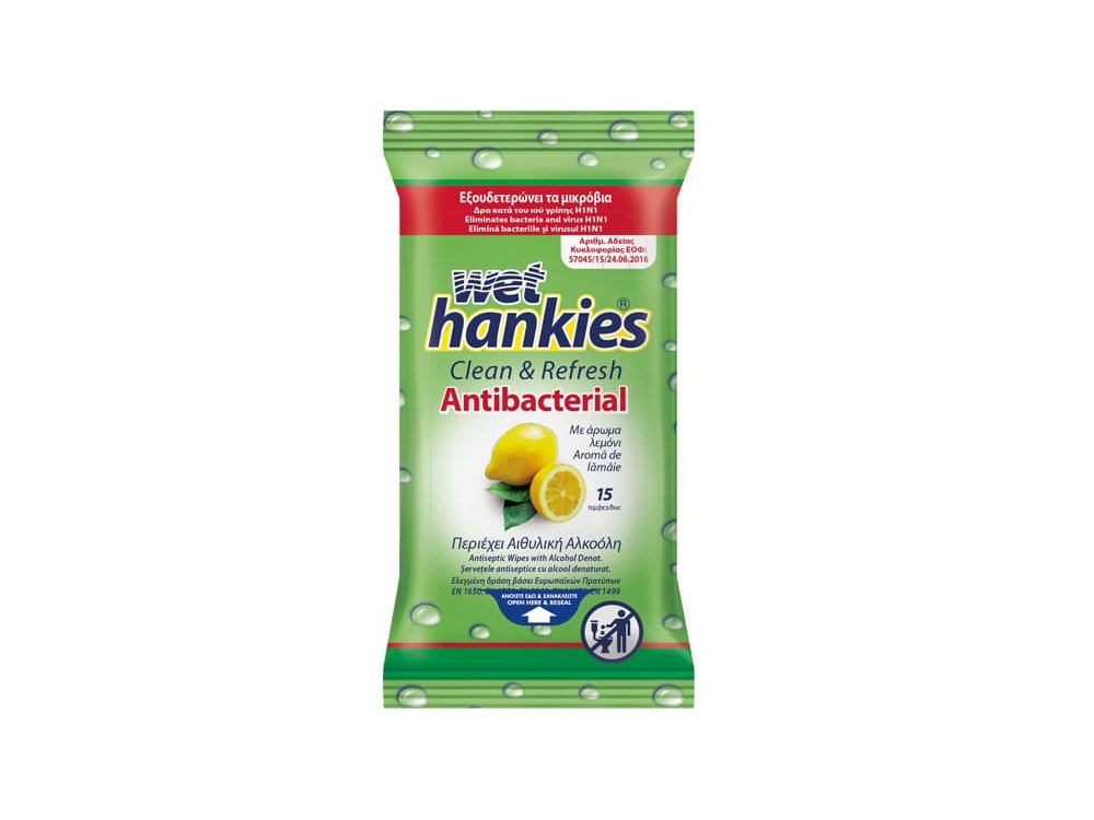 Wet Hankies Clean & Refresh Antibacterial Lemon Υγρά Αντιβακτηριδιακά Μαντηλάκια Με Άρωμα Λεμόνι, 15τμχ (1+1 Δωρο)