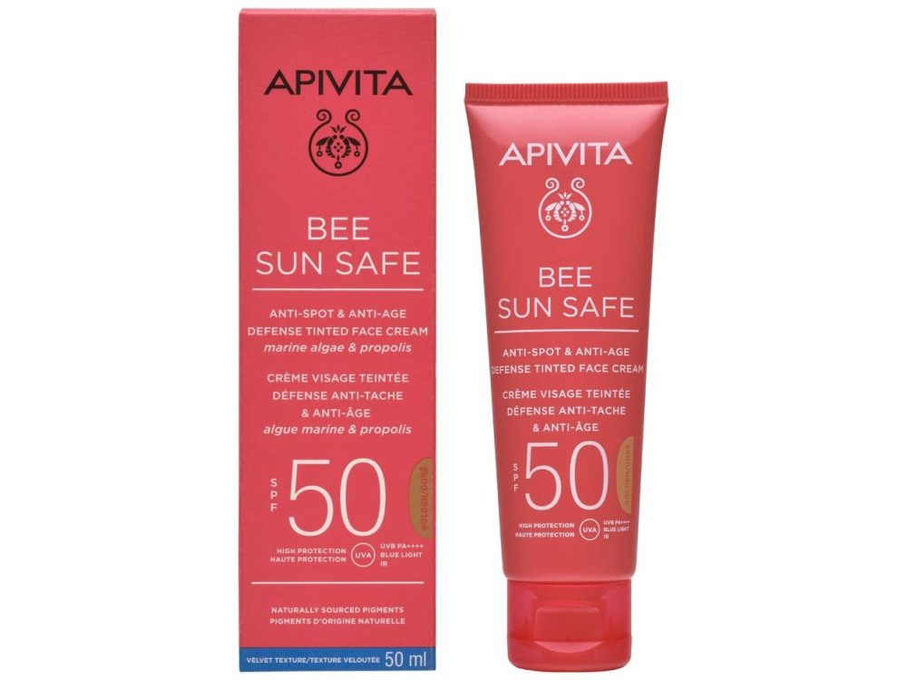 Apivita Bee Sun Safe Anti-Spot & Anti-Age Defence Tinted Face Cream SPF50 με Θαλάσσια Φύκη και Πρόπολη Gold, 50ml
