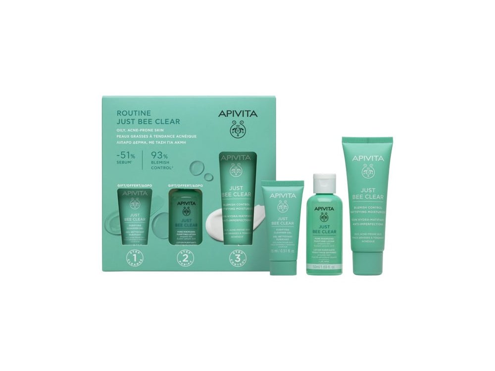 Apivita Promo Routine Just Bee Clear με Just Bee Clear Κρέμα κατά των Ατελειών, 40ml & Δώρο Just Bee Clear Λοσιόν Σύσφιξης Πόρων, 50ml & Gel Καθαρισμού Προσώπου, 15ml, 1σετ