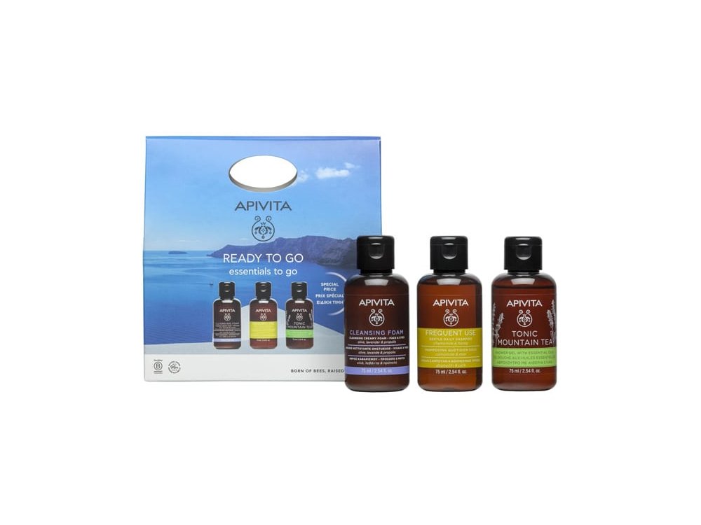 Apivita Promo Essentials Ready To Go Σετ Περιποίησης για Ταξίδια με Frequent Use Σαμπουάν για Καθημερινή Χρήση, 75ml, Tonic Mountain Tea Αφρόλουτρο, 75ml & Cleansing Foam Καθαριστικό Προσώπου, 75ml, 1σετ