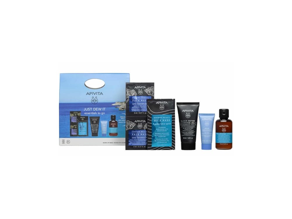 Apivita Just Dew It Essentials to Go Travel Set με Aqua Beelicious Ενυδατική Κρέμα-Gel, 15ml, Black Detox Gel Καθαρισμού, 50ml, Express Beauty Μάσκα Προσώπου, 2x8ml, Hyalouronic Hydra Σαμπουάν Μαλλιών, 75ml & Express Beauty Μάσκα Μαλλιών, 20ml, 1σετ