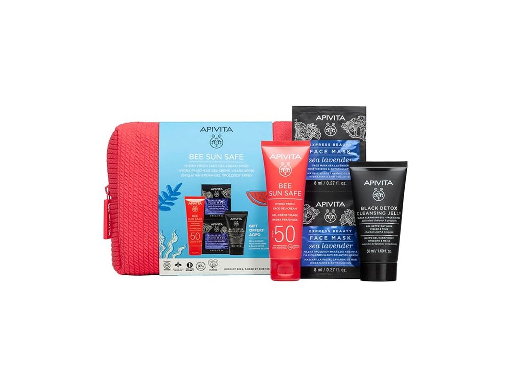Apivita Promo Bee Sun Safe Hydra Fresh GelApivita Promo Bee Sun Safe Hydra Fresh Gel Cream Eνυδατική Κρέμα-Gel Προσώπου SPF50+, 50ml & Δώρο Black Detox Cleansing Jelly Μαύρο Gel Kαθαρισμού, 50ml & Express Beauty Face Mask Sea Lavender Μάσκα Προσώπου Θαλάσ