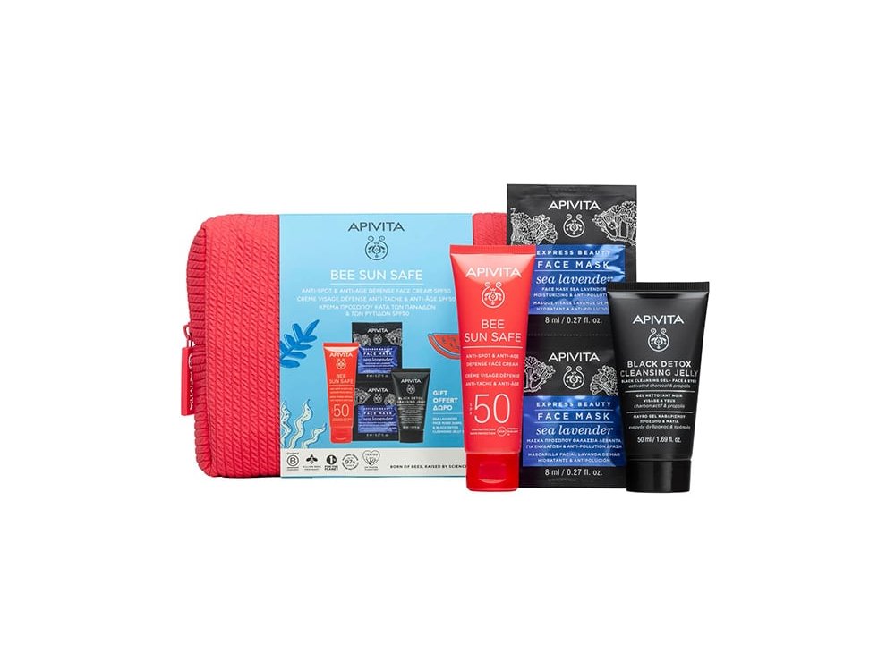 Apivita Promo Bee Sun Safe Anti Spot & Anti Age Defense Face Cream Κρέμα Προσώπου SPF50+, 50ml & Δώρο Black Detox Cleansing Jelly Μαύρο Gel Kαθαρισμού, 50ml & Express Beauty Face Mask Sea Lavender Μάσκα Προσώπου Θαλάσσια Λεβάντα, 2x8ml, 1σετ