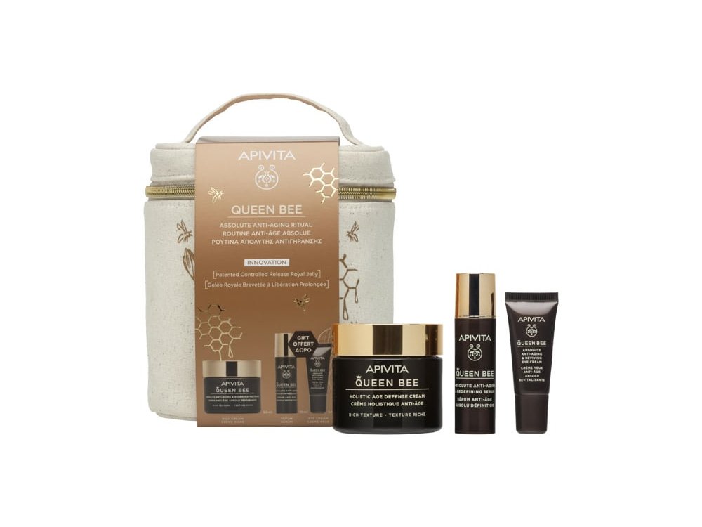 Apivita Promo Queen Bee Ρουτίνα Απόλυτης Αντιγήρανσης με Queen Bee Αντιγηραντική Κρέμα Πλούσιας Υφής, 50ml & Δώρο Queen Bee Serum Αντιγηραντικός Ορός Προσώπου, 10ml, Κρέμα Ματιών, 5ml & Νεσεσέρ, 1τεμ, 1σετ