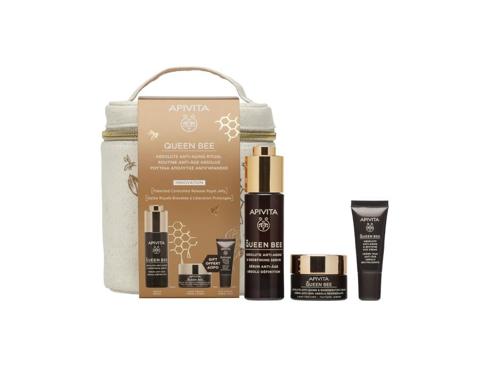 Apivita Promo Queen Bee Ρουτίνα Απόλυτης Αντιγήρανσης με Queen Bee Serum Αντιγηραντικός Ορός Προσώπου, 30ml & Δώρο Queen Bee Αντιγηραντική Κρέμα Ελαφριάς Υφής, 15ml, Κρέμα Ματιών, 5ml & Νεσεσέρ, 1τεμ, 1σετ