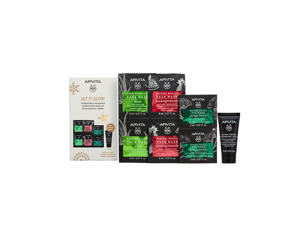 Apivita Promo Let it Glow για Ενυδάτωση & Λάμψη Express Beauty Μάσκα Προσώπου Αλόη, 2x8ml, Μάσκα Προσώπου Ρόδι, 2x8ml, Μάσκα Ματιών Ginkgo Biloba, 2x2ml & Δώρο Μαύρο Gel Καθαρισμού, 15ml, 1σετ