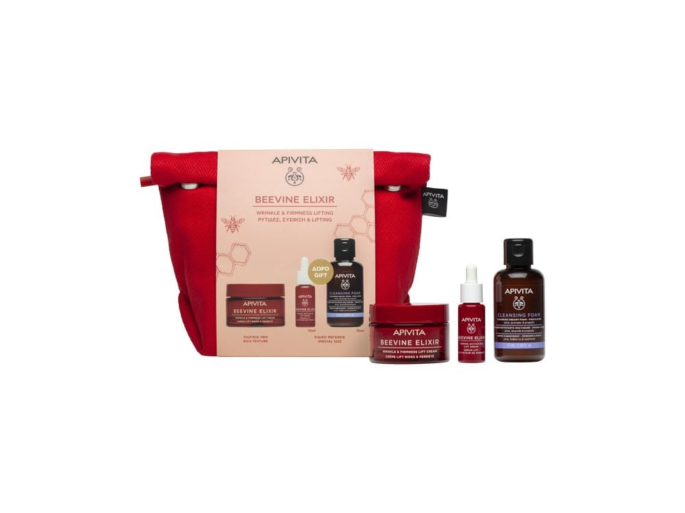 Apivita Promo Beevine Elixir με Beevine Elixir Κρέμα Προσώπου Πλούσιας Υφής για Σύσφιξη & κατά των Ρυτίδων, 50ml & Δώρο Beevine Elixir Serum Ορός Προσώπου για Σύσφιξη & κατά των Ρυτίδων, 10ml, Αφρό Καθαρισμού, 75ml & Nεσεσέρ, 1τεμ, 1σετ