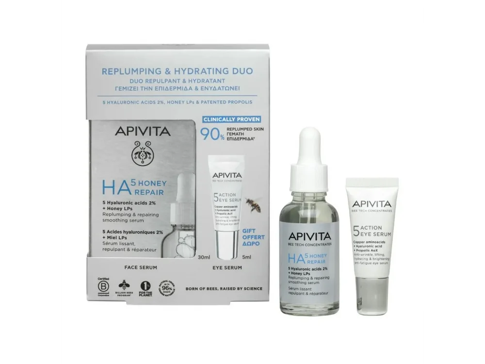 Apivita Promo HA5 Honey Repair Serum - Oρός Επανόρθωσης Προσώπου, 30ml & 5 Action Eye Serum, Ορός Ματιών Εντατικής Ενυδάτωσης & Αντιγήρανσης, 5ml