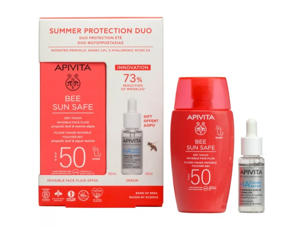 Apivita Promo Bee Sun Safe Dry Touch Invisible Face Fluid Spf50 with Marine Algae & Propolis, 50ml & Δώρο Bee Tech Concentrates HA5 Honey Repair Serum, 10ml