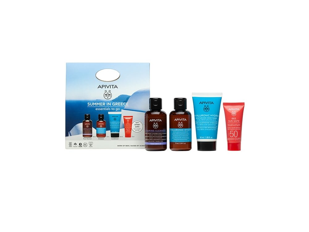 Apivita Promo Summer in Greece Essentials to Go Αφρός Καθαρισμού για Πρόσωπο & Μάτια, 75ml, Hyaluronic Hydra Σαμπουάν, 75ml, Hyaluronic Hydra Κρέμα Μαλλιών, 50ml & Δώρο Bee Sun Safe Αντιηλιακό Προσώπου SPF50, 15ml, 1σετ