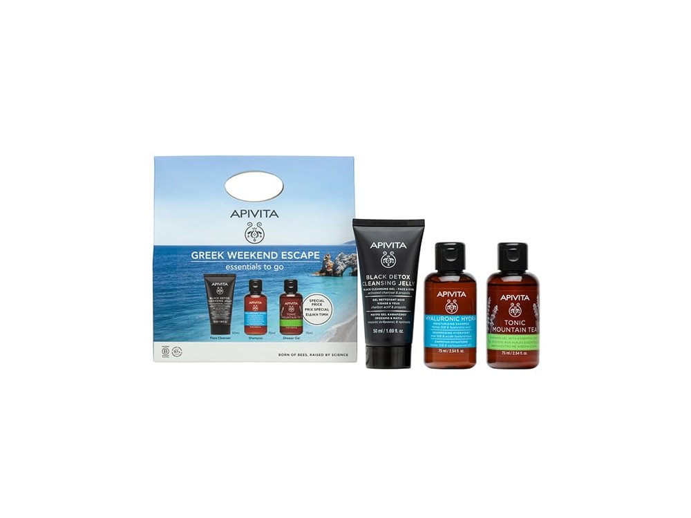 Apivita Promo Greek Weekend Escape Εssentials to Go Cleansing Black Detox Gel Καθαρισμού, 50ml, Hyaluronic Hydra Σαμπουάν, 75ml & Tonic Mountain Tea Aφρόλουτρο, 75ml, 1σετ