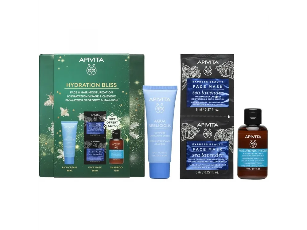 Apivita Promo Aqua Beelicious Comfort Hydrating Cream Rich Texture, 40ml & Δώρο Express Beauty Sea Lavender Face Mask, 2x8ml & Δώρο Hyaluronic Hydra Shampoo Travel Size, 75ml