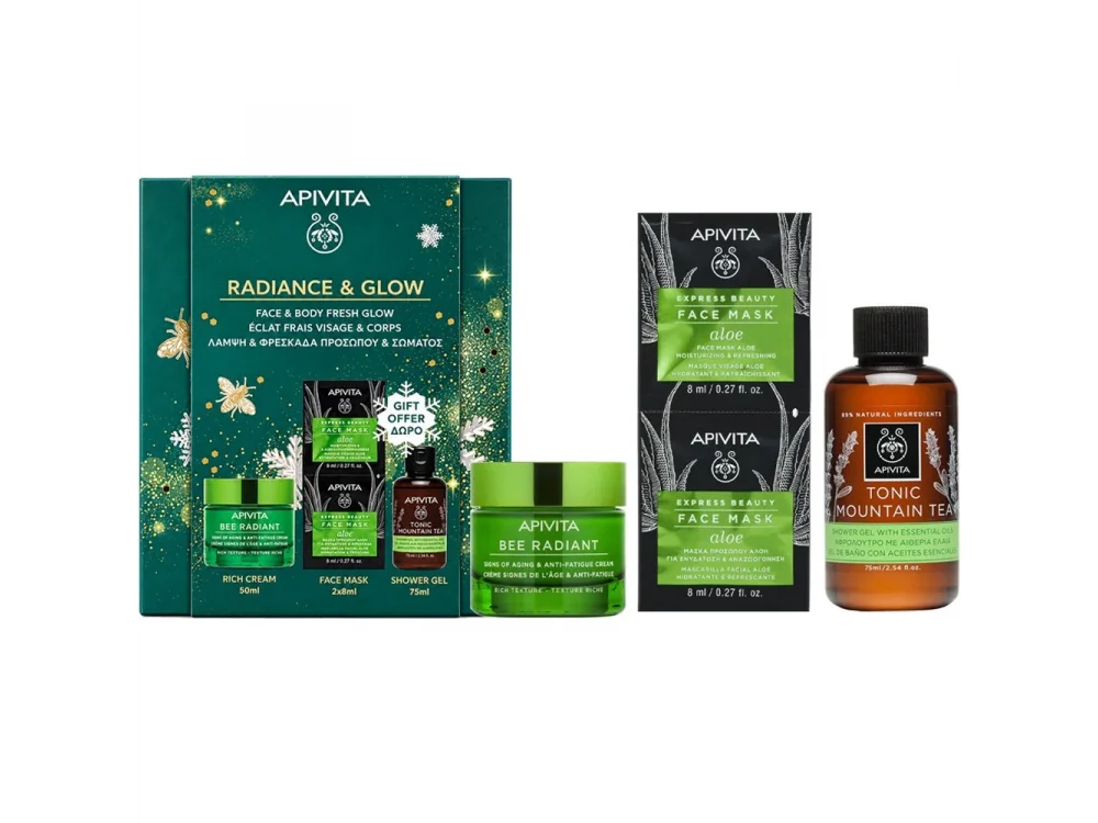 Apivita Promo Radiance & Glow Bee Radiant Κρέμα για Σημάδια Γήρανσης & Ξεκούραστη Όψη Πλούσιας Υφής, 50ml & Express Beauty Μάσκα Προσώπου με Αλόη, 2x8ml & Tonic Mountain Tea Αφρόλουτρο με Αιθέρια Έλαια, 250ml
