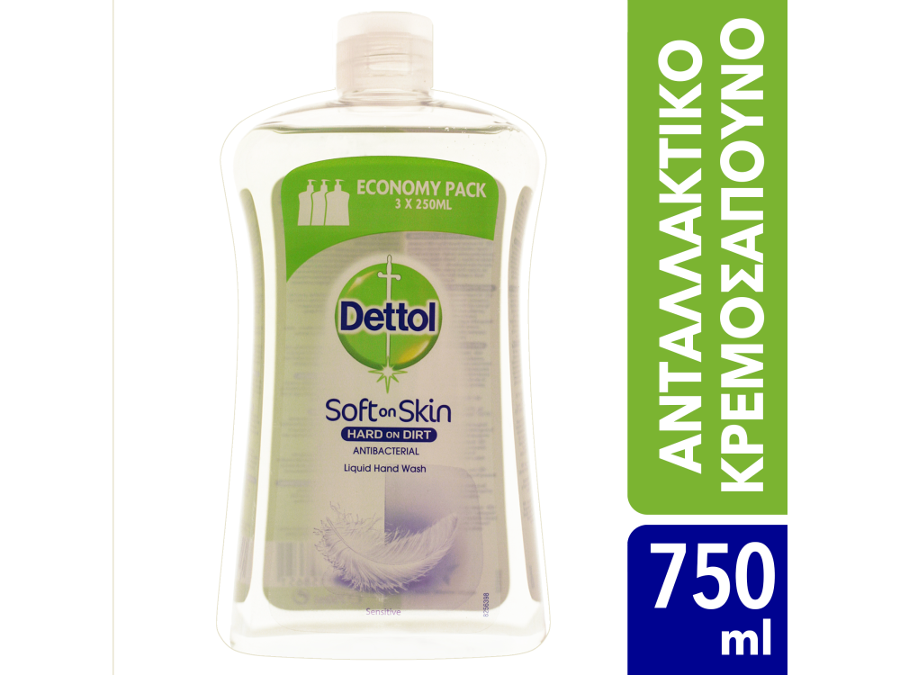 Dettol Soft on Skin Hard on Dirt Sensitive Liquid, Ανταλλακτικό Αντιβακτηριδιακό Υγρό Κρεμοσάπουνο για Ευαίσθητες Επιδερμίδες, 750ml