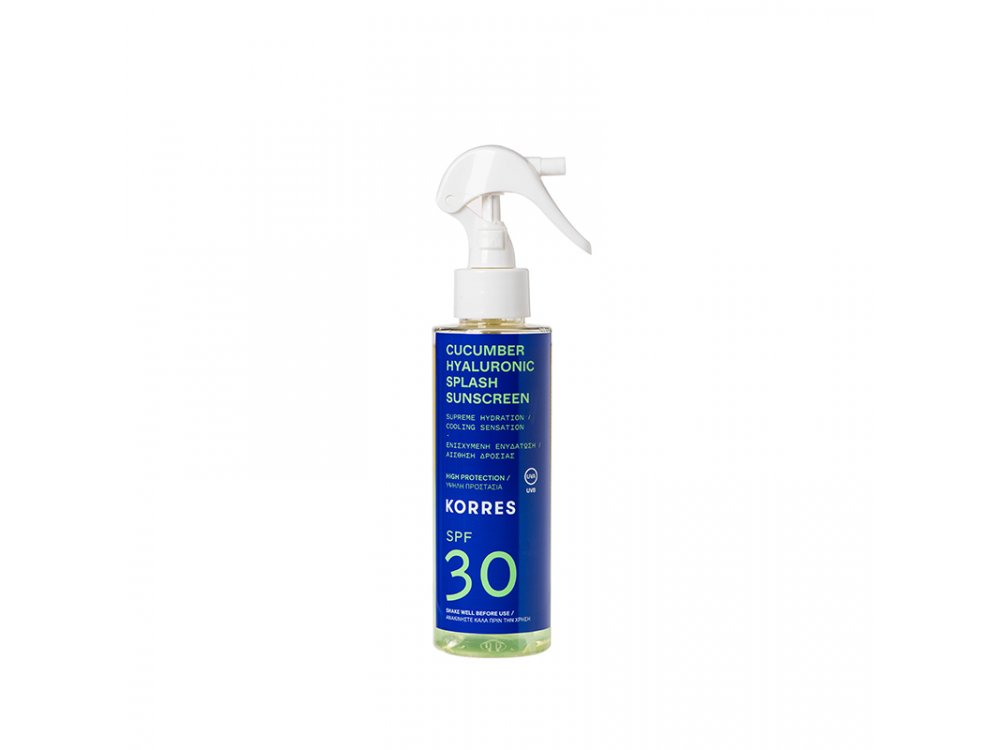 Korres Cucumber & Hyaluronic Splash Sunscreen SPF30, Αντηλιακό Αγγούρι και Υαλουρονικό με Υψηλή Προστασία για Πρόσωπο και Σώμα 150ml