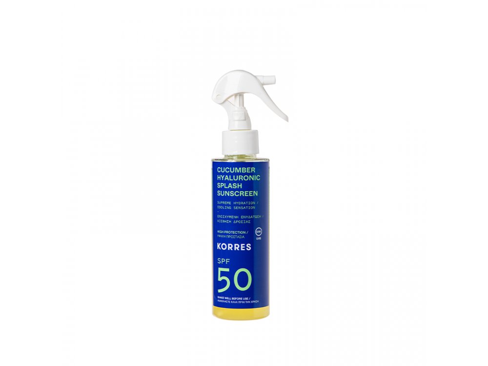 Korres Cucumber & Hyaluronic Splash Sunscreen SPF50, Αντηλιακό Αγγούρι και Υαλουρονικό με Υψηλή Προστασία για Πρόσωπο και Σώμα  150ml